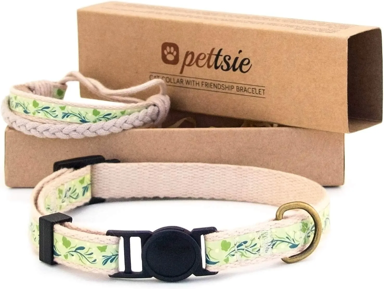Pettsie Breakaway Cat Collar & Matching Friendship Bracelet  Adjustable, Soft Cotton Collar for Cats, Quick-Release Safety Buckle, Lightweight, Stylish, Designed for Cat Lovers, Green