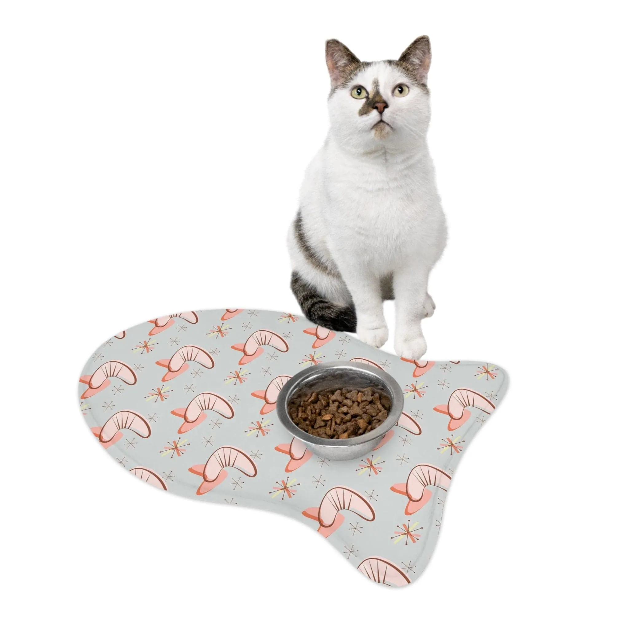 Retro Mid Mod Boomerang Starburst Pet Feeding Mat, Bone and Fish Shape Cat, Dog Non-Slip, Highly Absorbent Pad, Pet Lovers Gift- 127781923