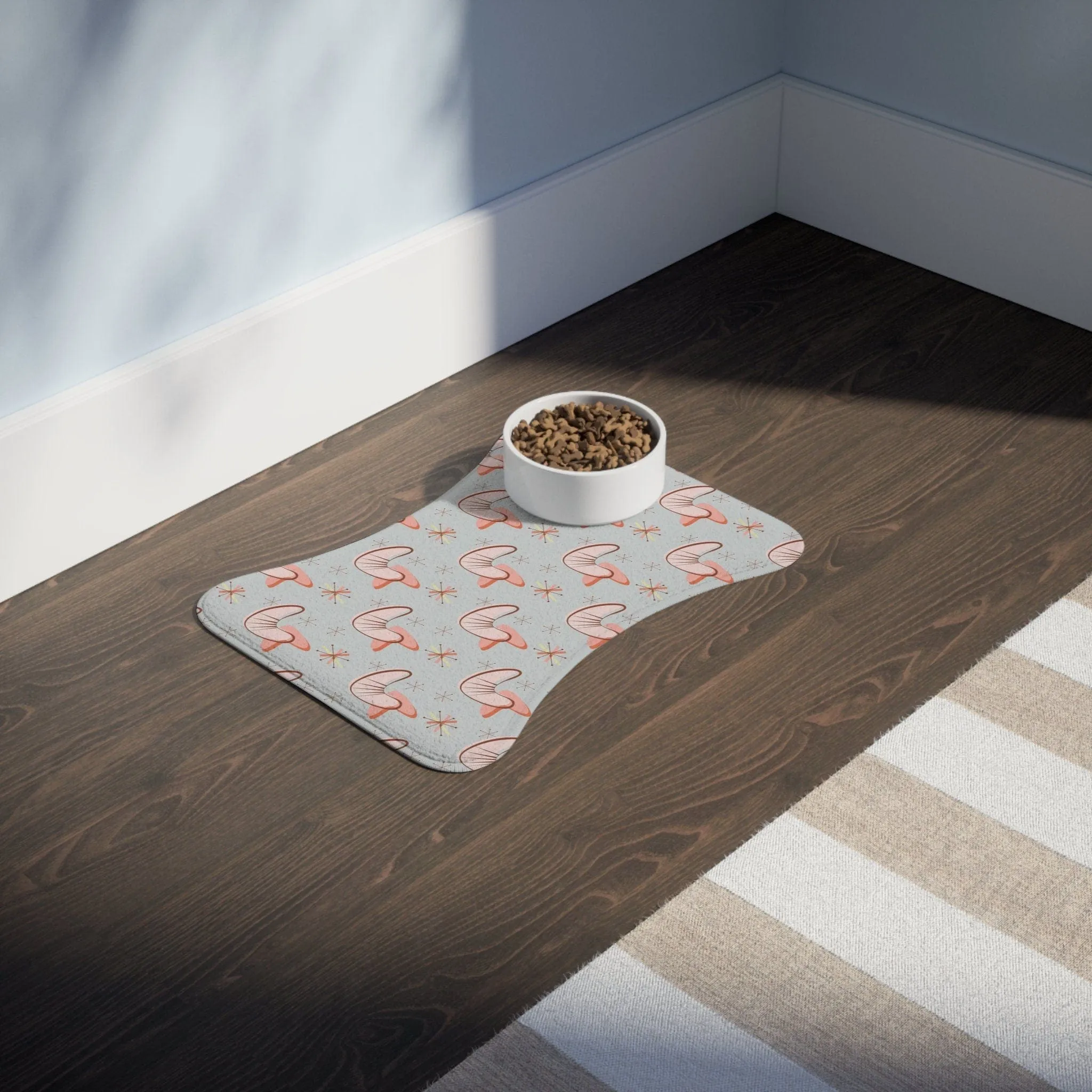 Retro Mid Mod Boomerang Starburst Pet Feeding Mat, Bone and Fish Shape Cat, Dog Non-Slip, Highly Absorbent Pad, Pet Lovers Gift- 127781923