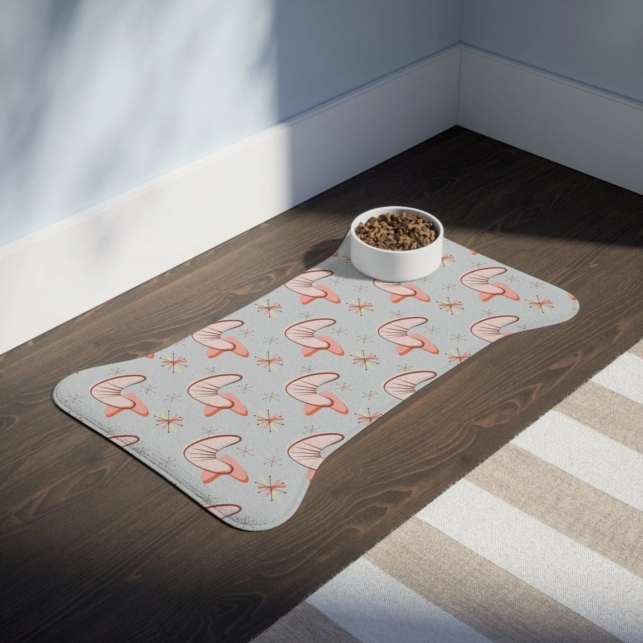 Retro Mid Mod Boomerang Starburst Pet Feeding Mat, Bone and Fish Shape Cat, Dog Non-Slip, Highly Absorbent Pad, Pet Lovers Gift- 127781923