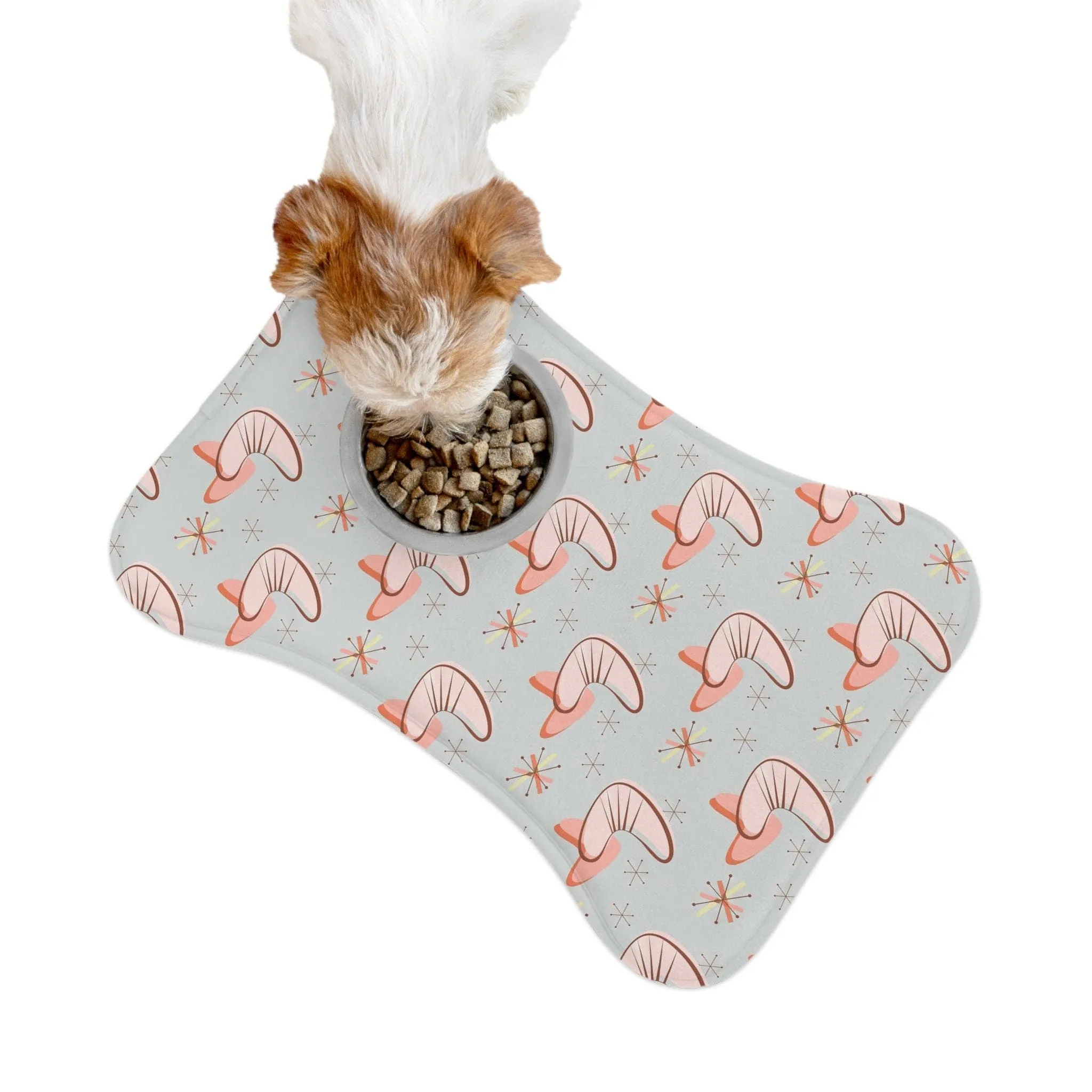 Retro Mid Mod Boomerang Starburst Pet Feeding Mat, Bone and Fish Shape Cat, Dog Non-Slip, Highly Absorbent Pad, Pet Lovers Gift- 127781923