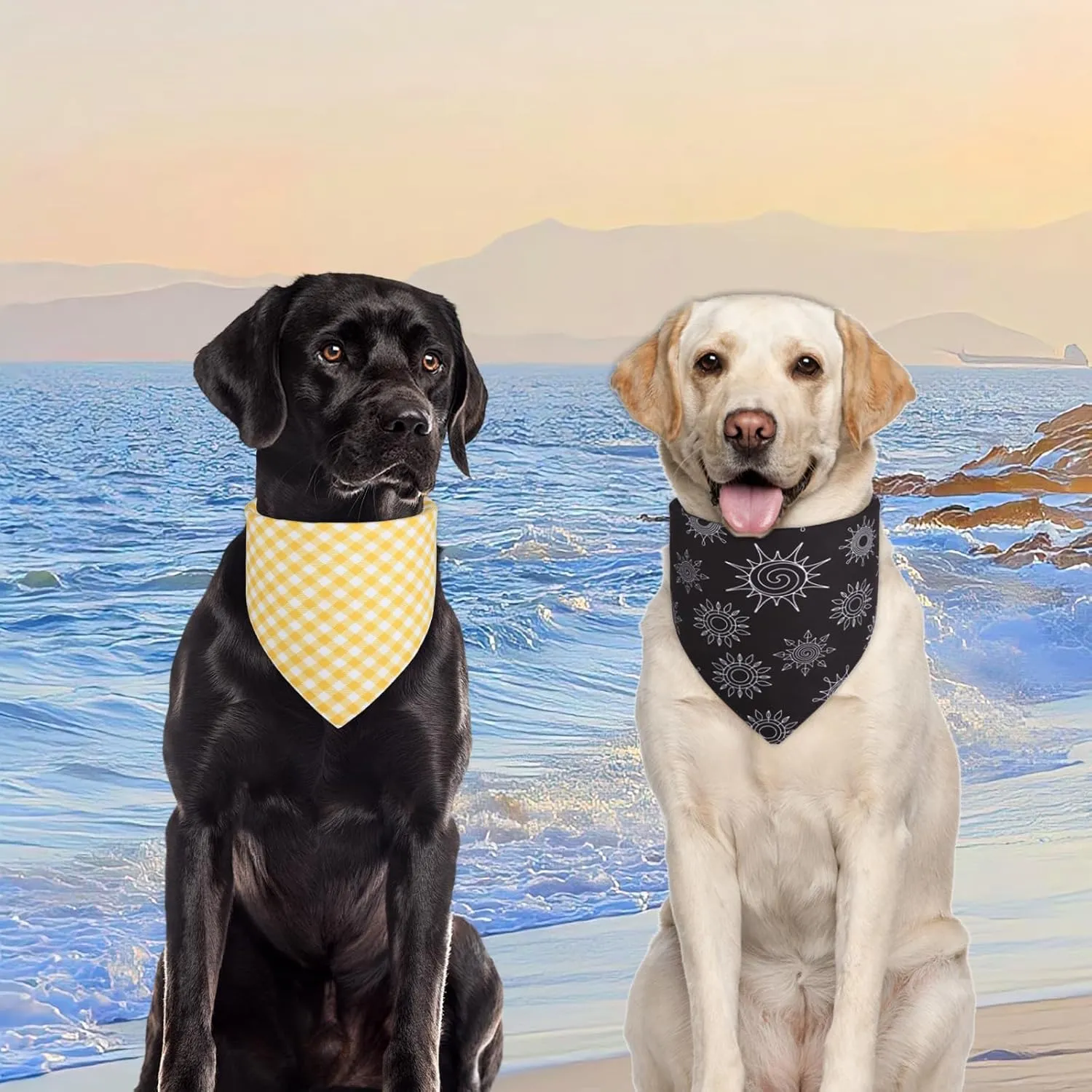 Summer Dog Bandanas Yellow Black XLarge 2PCS, Spring Scarf, Durable Triangle Reversible Bibs Handkerchief for Puppy Pet