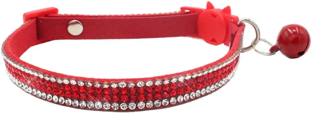 THAIN Basic Adjustable Cat Collar Bling Diamond Breakaway with Bell for Kitten Girl boy (Red)