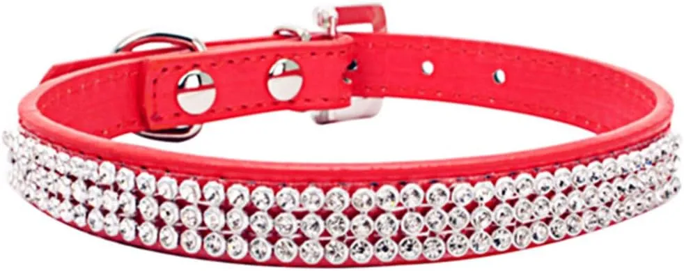 THAIN Basic Adjustable Dog Cat Collar Bling Rhinestones Shing Diamonds PU Leather with Rhinestones Buckle (S(Length 10"-13"), Red)