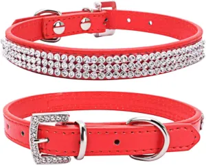 THAIN Basic Adjustable Dog Cat Collar Bling Rhinestones Shing Diamonds PU Leather with Rhinestones Buckle (S(Length 10"-13"), Red)