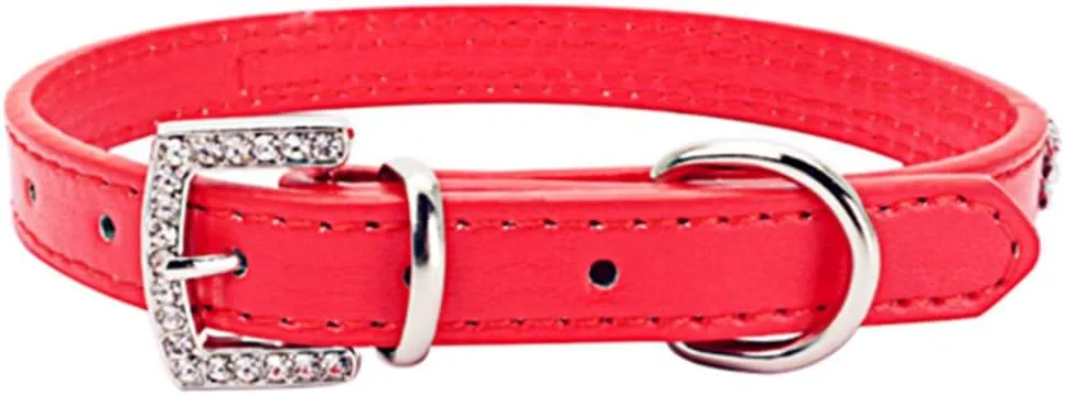 THAIN Basic Adjustable Dog Cat Collar Bling Rhinestones Shing Diamonds PU Leather with Rhinestones Buckle (S(Length 10"-13"), Red)