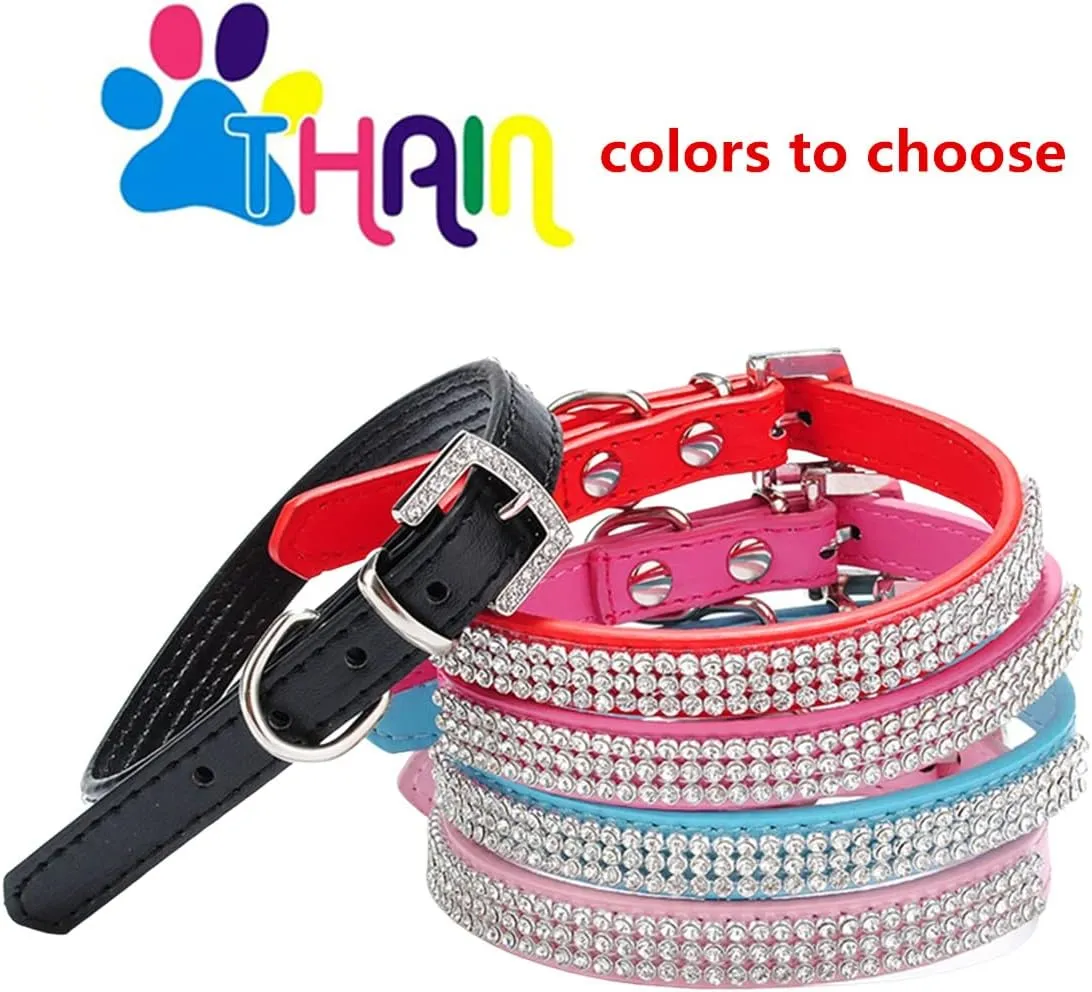THAIN Basic Adjustable Dog Cat Collar Bling Rhinestones Shing Diamonds PU Leather with Rhinestones Buckle (S(Length 10"-13"), Red)