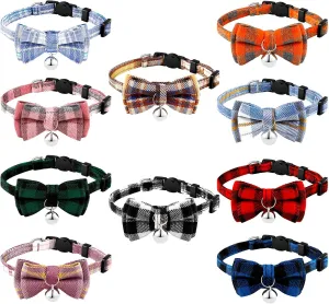 Weewooday 10 Pcs Breakaway Cat Collar with Bow Tie and Bell, Kitten Collar for Cat, Adjustable Cute Plaid Safety Kitty Collars for Birthday Pet Party Supplies