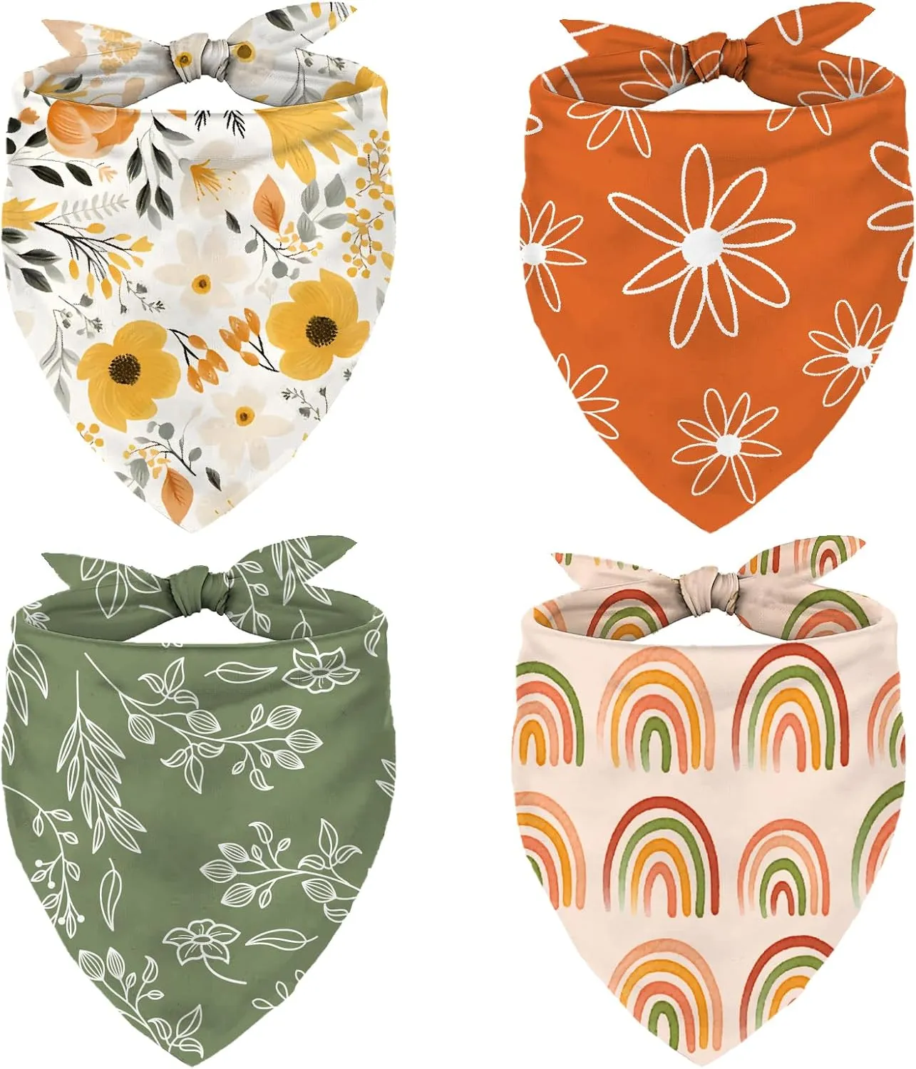 Whaline 4Pcs Boho Pet Bandanas Spring Daisy Rainbow Dog Scarf Washable Adjustable Triangle Dog Bibs Puppy Neckerchief for Cat Dog Birthday Costume Accessories
