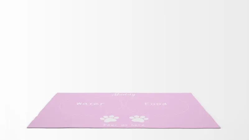 Yoosh Pet Food Floor Mat - Paws Go Here- Pink - Personalised Name